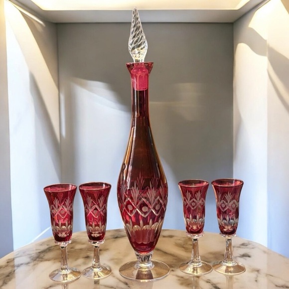 1970 Vintage Cranberry Etched-Crystal Tall Decanter w/Four Matching Tall Glasses - Picture 2 of 11